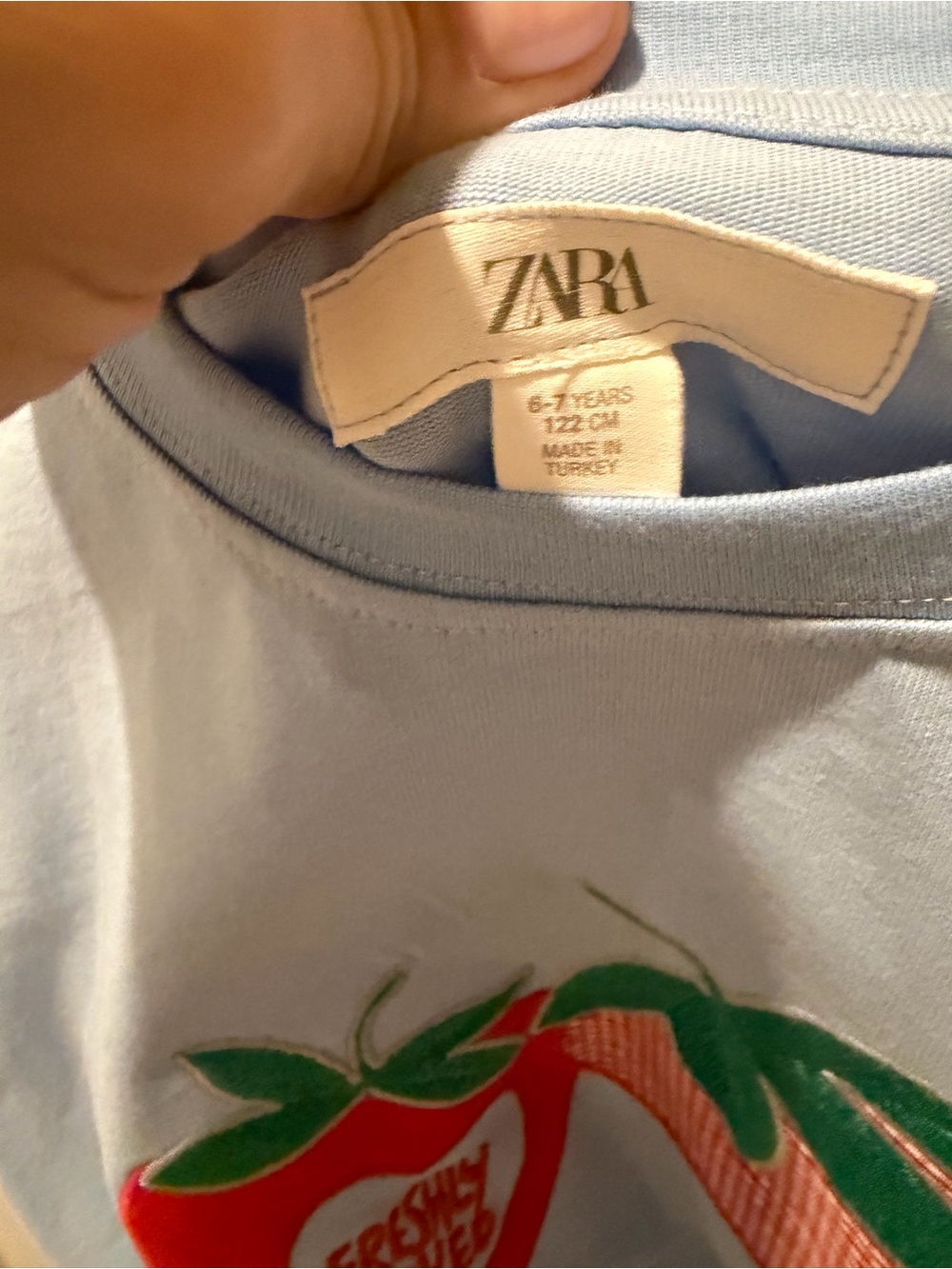 Zara Girls NWOT Light Blue Tee with Red Strawberry Appliqué - Picture 3 of 3